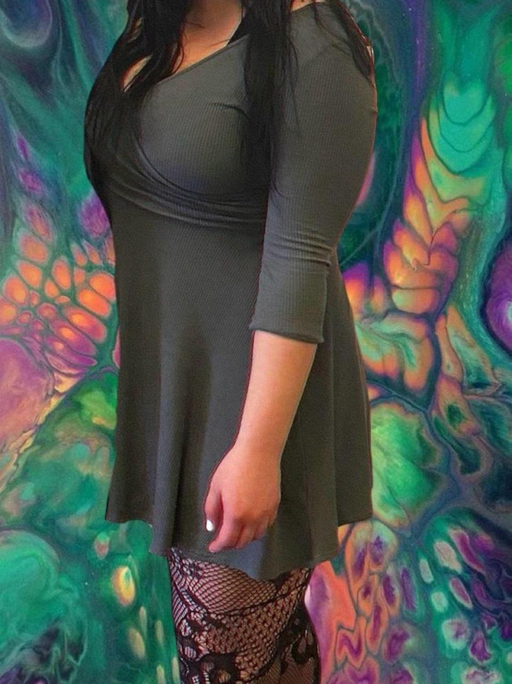 Women's Olive Green Ribbed Wrap Long Sleeve Dress